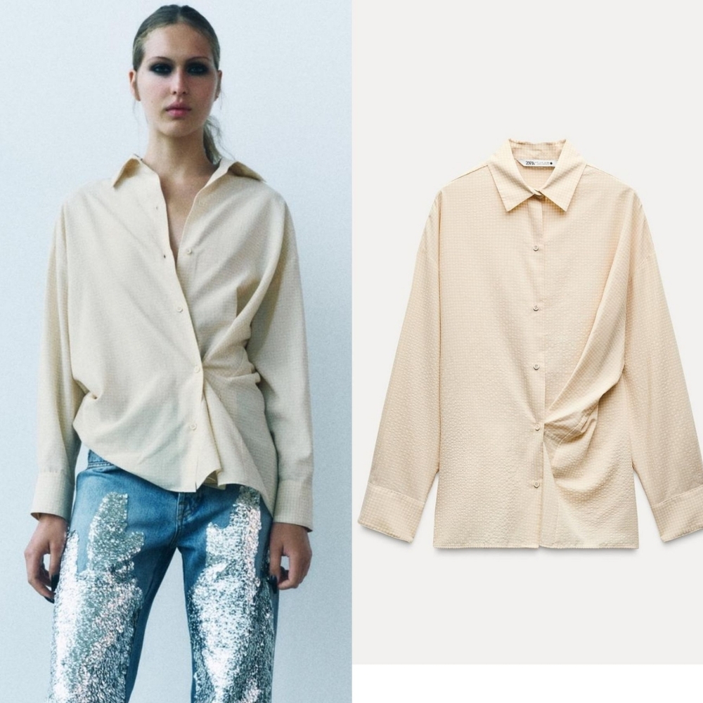 Zara Butter Cream Twist-Detail Button-Down Shirt